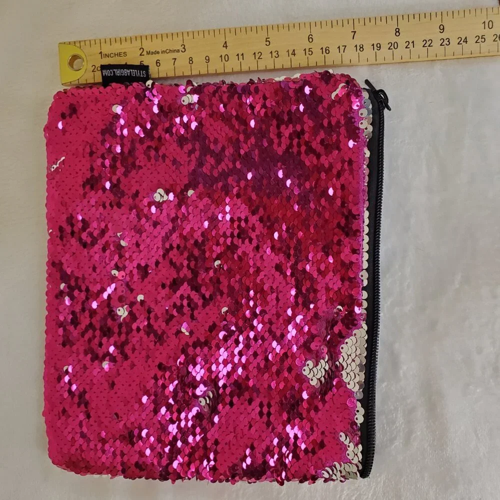 Sequin Makeup Bag Cosmetic Purse Reversible Pink & Silver Sequins Girl Women